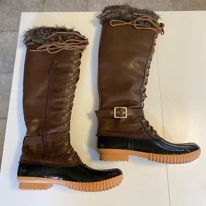 Brown tall faux leather waterproof winter snow duck boots